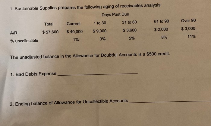 Sustainable supplies prepares the following aging of receivables analysis